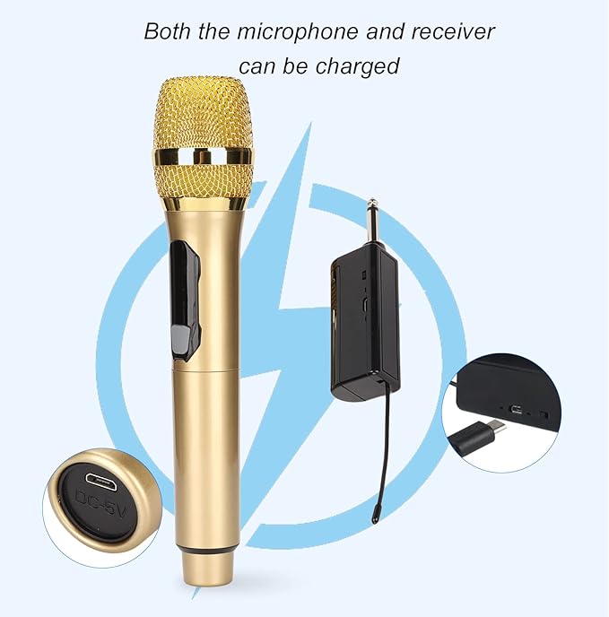 W ireless Microphone Dynamic Mic System Cordless Handheld Mic System with Long Distance UHF Receiver and A Live Sound Card for Karaoke Speech Wedding Church PA System (Gold)