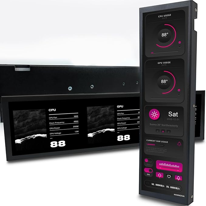 WOWNOVA 9.2 LCD Screen Inside PC Case Computer Temp Monitor Screen 1 Click 1 Cable to Get Started Quickly PC Temperature Display IPS Sensor Panel CPU RAM HDD Data FPS Mini Monitor (Black)