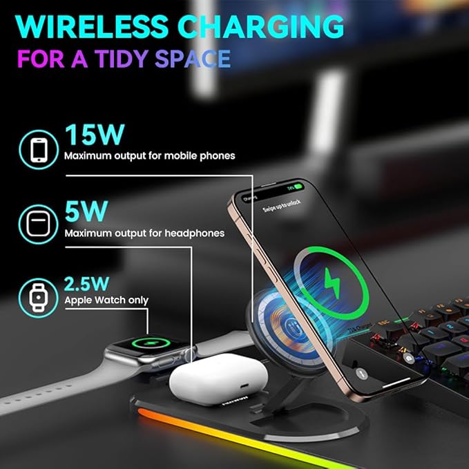 HomeBeyond RGB Gaming Mouse Pad Wireless Charging Mouse Mat Fast Charging for Phones Earbuds &amp Apple Watch 15 Dynamic Lighting Modes 31.5''x11.8'' Large Keyboard Pad with Magnetic Phone Holder