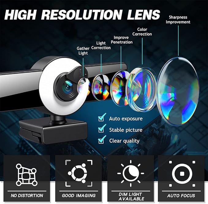 Webcam 4K Web Camera LED Fill Light Microphone Cam PC Laptop Stream Video Conference