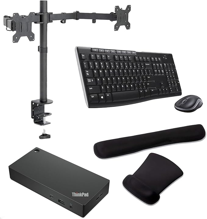 Lenovo ThinkPad Universal USB-C Dock 90W 4K Support HDMI USB-C DisplayPort USB Hub Bundled with Desk Mount Dual Monitor Stand MK270 Wireless Keyboard &amp Mouse Gel Mouse &amp Wrist Pad