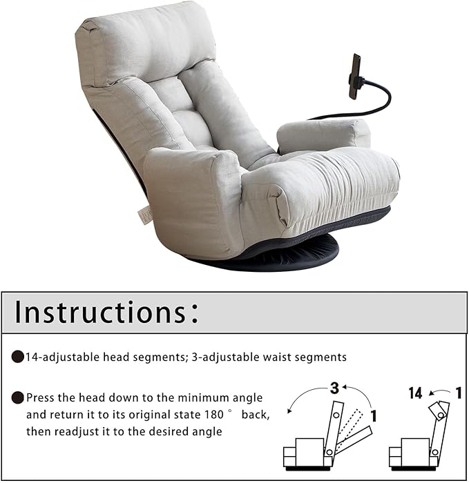360-Degree Swivel Floor Chair with 5-Position Folding Design Adjustable Headrest Waist Support Armrests and Phone Holder for Living Room (Gray+Fine Linen)