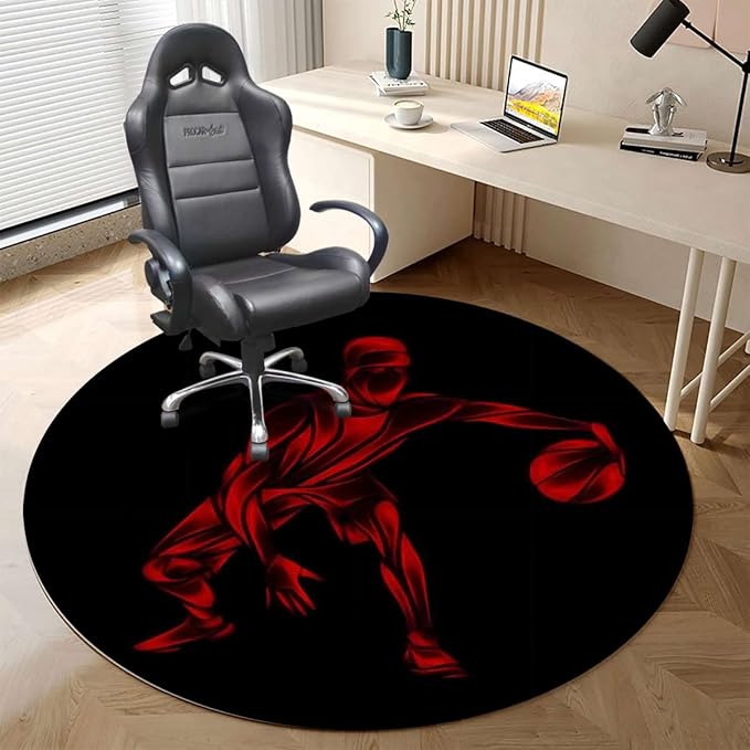 Black Red PU Leather Chair Mat for Hard Floors Basketball Player Silhouette Waterproof Office Floor Mat Chair Floor Protector for Rolling Chair Doodle Style Art Diameter 55 in