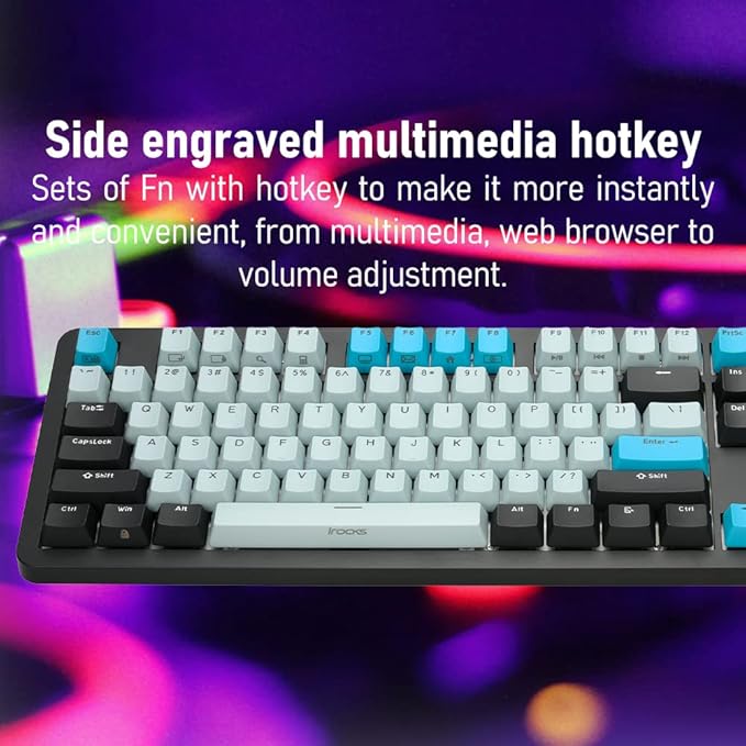 i-rocks K73M Mechanical Gaming Keyboard with Media Control Knob 107 Keys PBT Keycaps Multimedia Hotkeys Detachable USB-C Cable (Cherry MX Brown Switches Cyberpunk Blue)