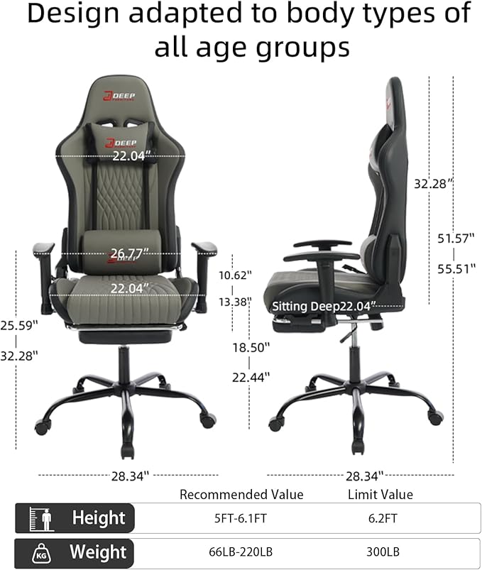Video Game Chair with Footrest Ergonomic Comfortable Gaming Office Chair Height-Adjustable with a 360° Swivel Base and Headrest(1002-Grey)