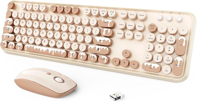 Wireless Keyboard and Mouse Combo 2.4 GHz Wireless Full-Sized Typewriter Keyboard with Round Keycaps for Windows Computer Desktop PC Laptop (Ice Cream)