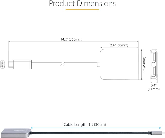 StarTech.com USB-C to Dual Displayport 1.4 Adapter USB Type-C Muliti-Monitor MST Hub Dual 5K 60Hz DP Laptop Display Extender / Splitter HDR Extra-Long Built-In Cable Windows Only (MST14CD122DP)