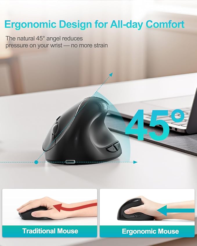 Lekvey Ergonomic Mouse Vertical Wireless Mouse for Small/Medium Hands Rechargeable with USB Receiver 3 DPI for Comfort Relieves Wrist Pain Carpal Tunnel Mouse for Laptop PC Computer Mac Black