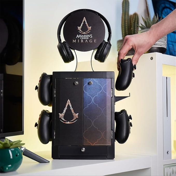 Numskull Official Assassins Creed Gaming Accessory Locker &amp Storage Stand – Holds 10 Games/DVDs 4 Controllers Headset &amp Accessories – Durable Compact Organizer – Official Assassins Creed Mer