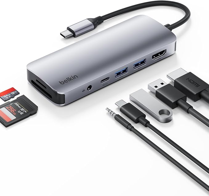 Belkin USB-C Hub 7-in-1 Multiport Adapter - USB Docking Station with 4K HDMI USB-C PD 3.0 Port 2 x USB-A 3.1 Ports SD Card &amp MicroSD Card Slots &amp 3.5mm Audio Jack for MacBook Air iPad P