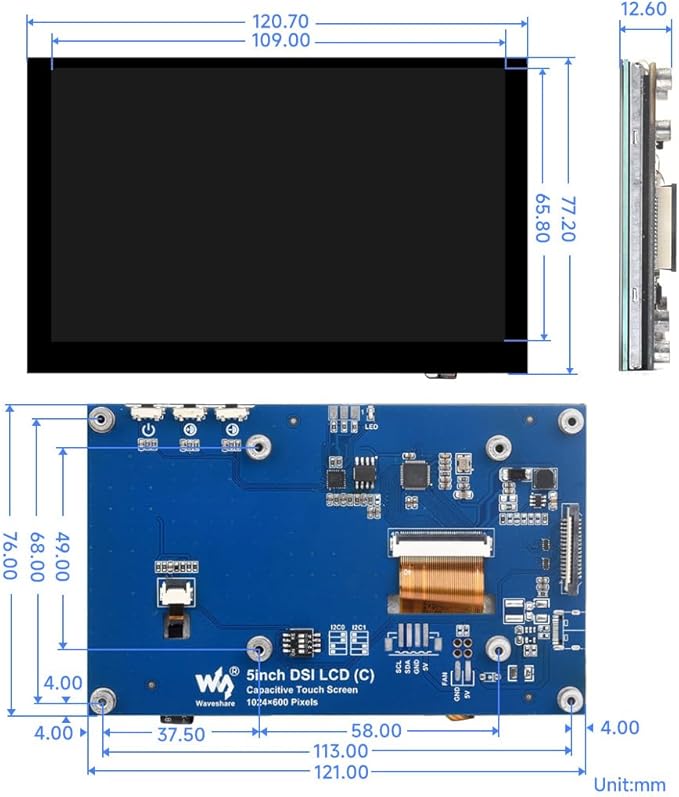 waveshare 5inch Capacitive Touch Display compatilbe with Raspberry Pi 5/4B/3B/CM4/3 DSI Interface IPS Panel 1024x600 Pixels Toughened Glass Panel No Driver Required