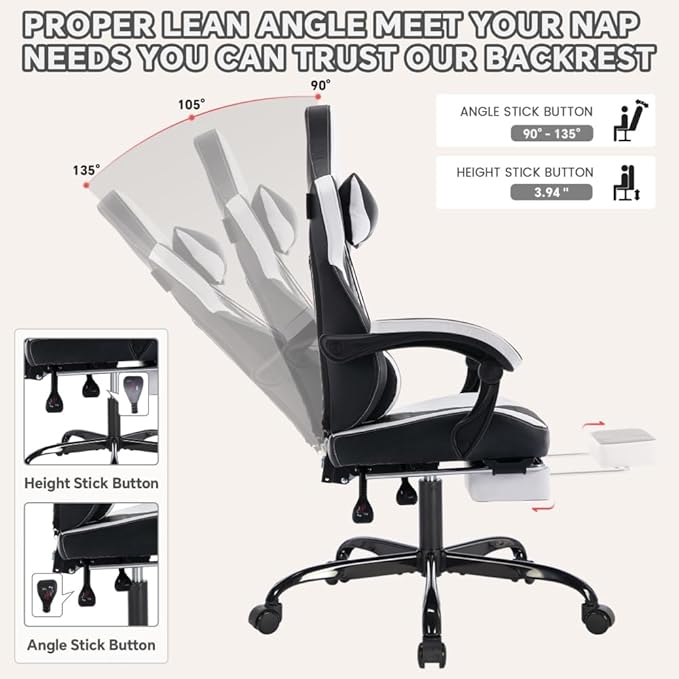 High Back Gaming Chair with Footrest PVC Leather Ergonomic Office Gamer Chair 90°-135° Recline 360° Swivel Headrest &amp Lumbar Support