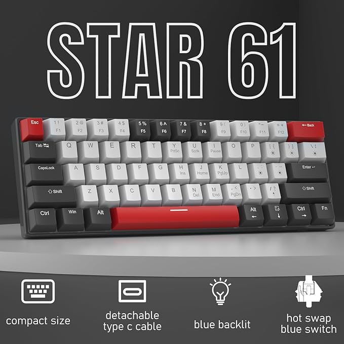 Camiysn 60% Mechanical Gaming KeyboardMixed Color Keycaps Gaming Keyboard with Clicky Blue Switches Detachable Type-C Cable Mini Keyboard with Blue LED Light for/PC/Laptop