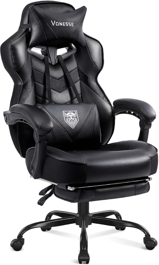 Vonesse Gaming Chair High Back Office Chair with Footrest and Massage Gaming Chairs for Adults with Pocket Spring Cushion Big and Tall Reclining Computer Chair with Lumbar Support (Classic Black)