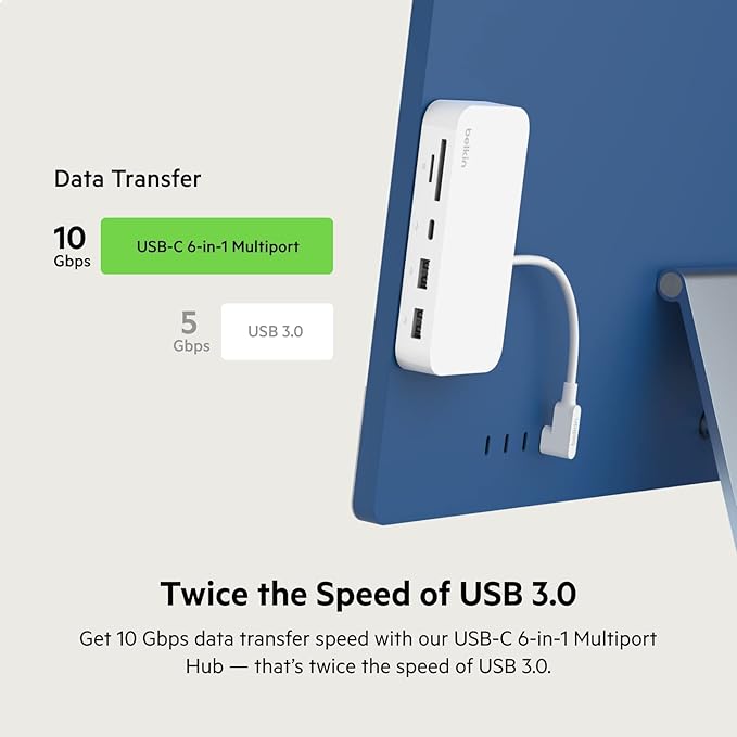 Belkin 6-in-1 USB-C Hub iMac 24 inch Docking Station with SD &amp microSD Card Reader Gigabit Ethernet 2 USB-A Ports and USB-C Port for Fast Data Transfers and Peripherals