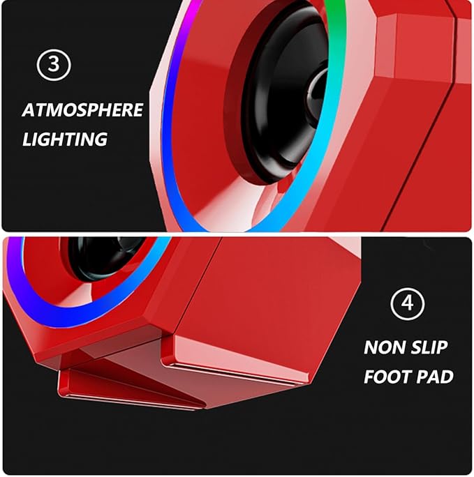 Generic Computer Speaker Game Wired RGB Speaker USB and 3.5mm Audio Inputs RGB Lights Desktop Small Speaker Red
