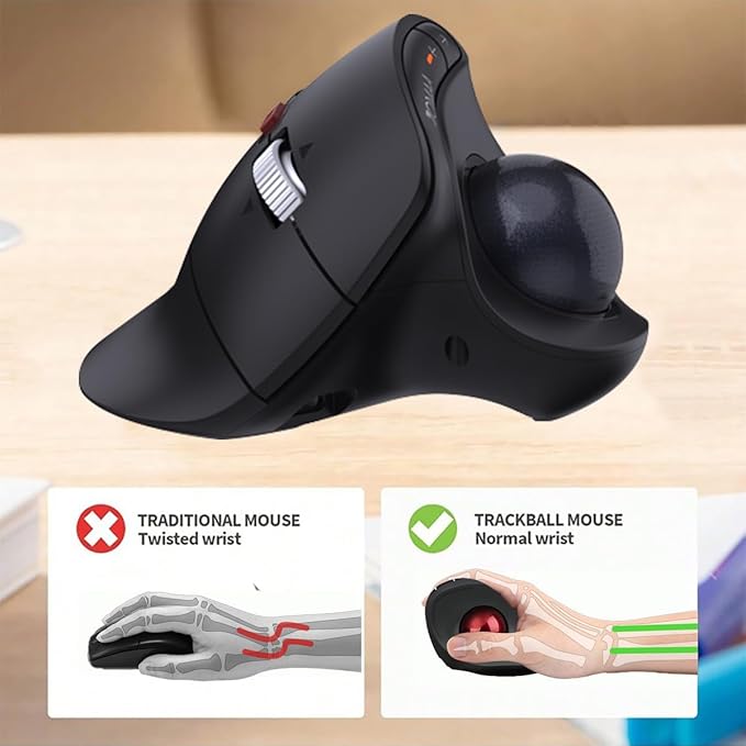 JOMAA Wireless Vertical Trackball Mouse - Ergonomic Design 3-Device Switching 2.4G/Bluetooth 5.0 Rechargeable Type-C Adjustable DPI Compatible with Windows/macOS/iOS/Android (Black)
