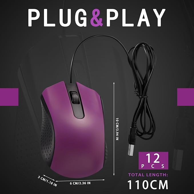 Hoteam 12 Pcs Purple Wired Computer Mouse Bulk Cord USB Computer Mice Ergonomic Wired Mouse for Pcs Computers Laptops Gaming Office Home Supplies
