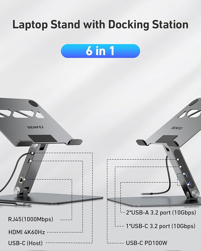 BENFEI Laptop Stand with USB C 6in1 Docking Station HDMI 4K@60HzGigabit Ethernet 100W Power Delivery 10Gbps 1*USB C 3.2 and 2*USB A 3.2 Compatible with MacBook Pro/Air iPad Pro XPS Thinkpad