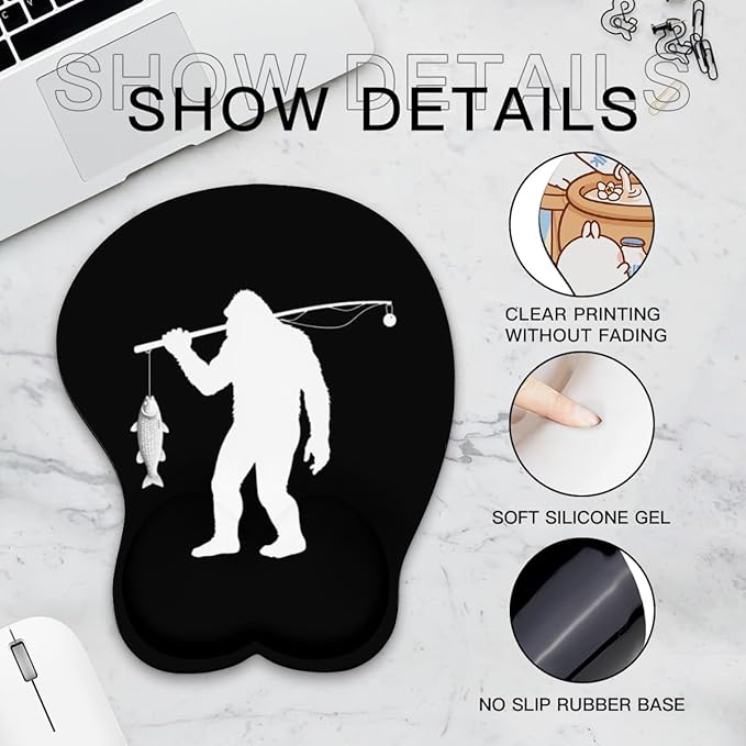Mousepad Bigfoot Fishing Fisherma Sasquatch Ergonomic Wrist Support Non-Slip Base Mouse Mat with Wrist Rest Computer Mousemat for Desk Work Accessories Pad
