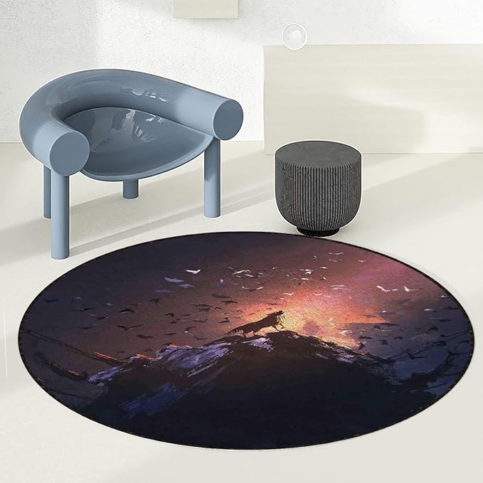 Multicolor Office Chair Computer Gaming Desk Mat for Rolling Chair Non-Slip Gaming Rug Howling Wolf on Rock Surrounded Animals Gaming Chair Mat Round Floor Mats Fantasy World Diameter 60 in