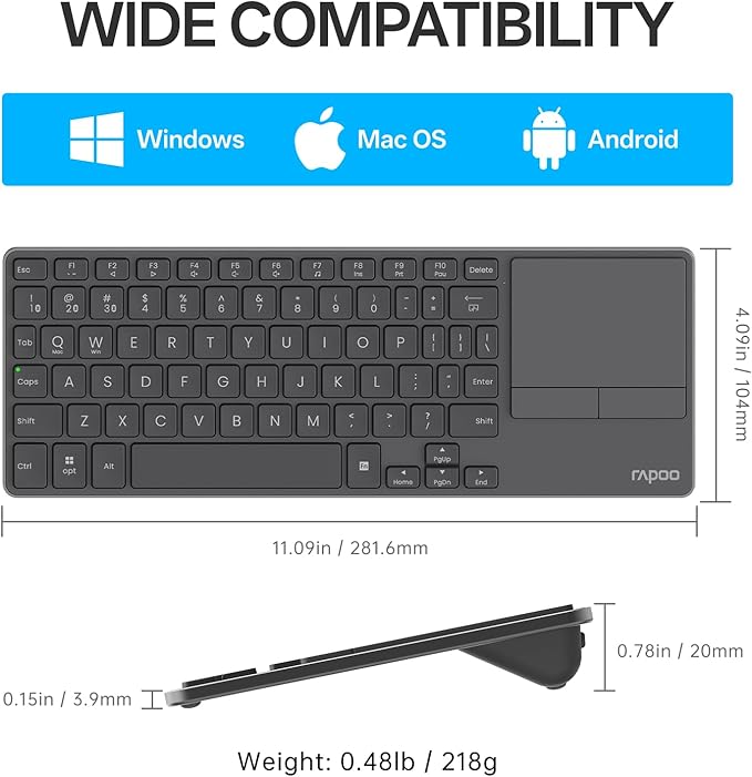 Rapoo Portable Wireless Keyboard with Touchpad Multi-Device HTPC Keyboard for PC-Connected TV/Tablet/Steam Deck/Gaming Console/Raspberry Pi/Mini PC - Support Touch Gestures for Windows &amp Mac Bla