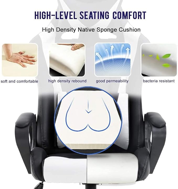 Gaming Chair Ergonomic Office Chair Desk Chair with Lumbar Support 360 Swivel &amp Rolling Computer Chair for Adults PU Leather Racing Style Supports 250lbs(White)