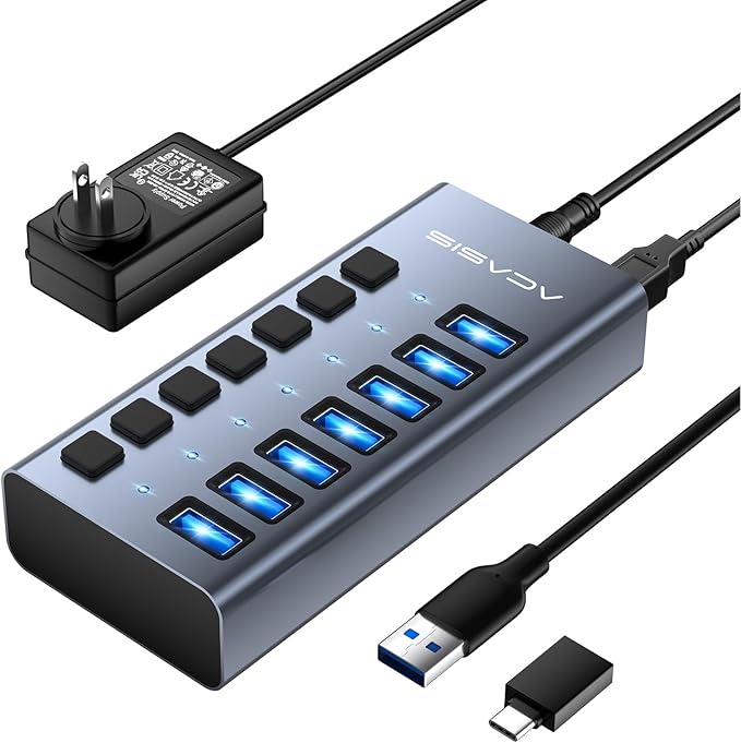 Powered USB 3.2 Hub ACASIS 7 Ports USB 3.2 Hub with 10Gbps Data Speed Aluminum Housing USB Hub Powered with 24W Power Adapter USB Hub for PC/Laptop Computer Flash Drive Printer Camera
