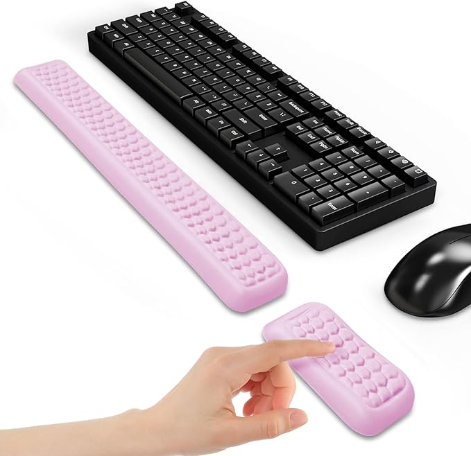 Wrist Rest for Keyboard and Mouse Comfort Memory Foam Wrist Rest with Non-Slip PU Base Leather Mouse Pad Ergonomic Keyboard Wrist Support for Typing Pain Relief Protect Hand and Arm (Pink)
