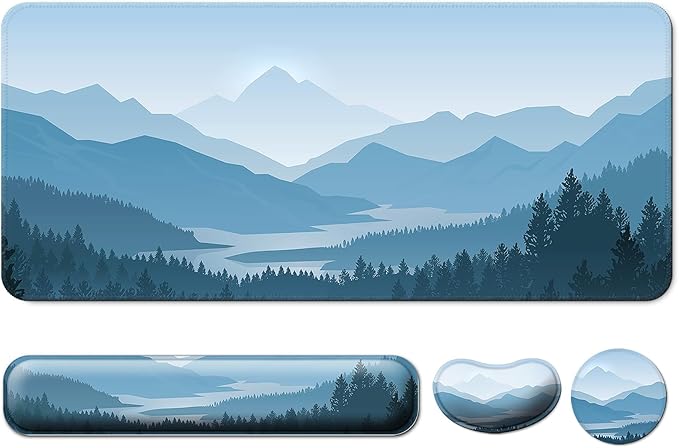Keyboard Wrist Rest + Mouse Pad with Wrist Support + Desk Mat + Coaster 4 in 1 Set XXL Large Gaming Mousepad Cute Ergonomic Mouse Pads for Desk Computer Laptop Office Decor-Vector Forest
