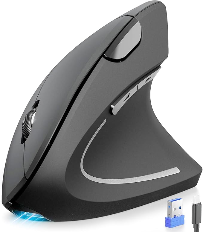 TECKNET Ergonomic Mouse Rechargeable 2.4G+Bluetooth Vertical Mice 6 DPI Adjustable Wireless Optical Carpal Tunnel Mouse Right Hand Multi Device for Laptop PC Computer MacBook iPad - Grey