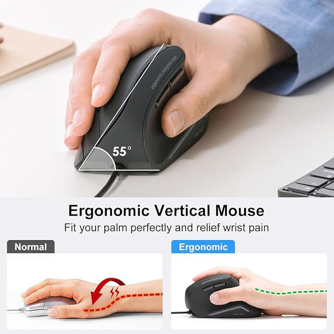 SANWA Wired Ergonomic Mouse Silent Click Vertical Computer Mice 3 Programmable Buttons Optical Ergo Mouse Reduce Wrist Strain 1000/1600 DPI Compatible wtih Mac Windows Laptop PC