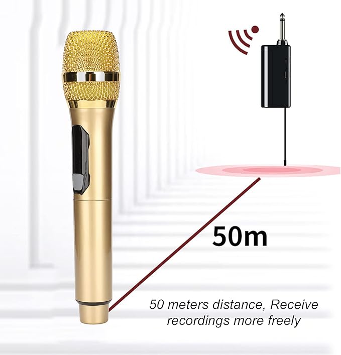 W ireless Microphone Dynamic Mic System Cordless Handheld Mic System with Long Distance UHF Receiver and A Live Sound Card for Karaoke Speech Wedding Church PA System (Gold)