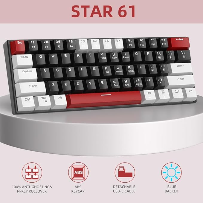 Camiysn 60% Mechanical Gaming KeyboardMixed Color Keycaps Gaming Keyboard with Linear Red Switches Detachable Type-C Cable Mini Keyboard with Blue LED Light for PC/Laptop