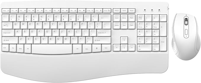 Ergonomic Keyboard and Mouse Combo Full Size Cordless Computer Keyboard with Palm Wrist Rest Ergonomic Mouse for Windows Computers Laptops - White