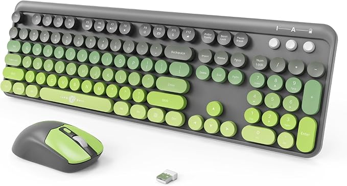 FOPETT Wireless Keyboard and Mouse Combo 104 Keys Full-Sized 2.4 GHz Round Keycap Colorful Keyboards USB Receiver Plug and Play for Windows Mac PC Laptop Desktop (GreyGreen)