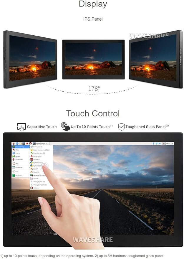 waveshare 13.3inch Capacitive Touch Screen LCD V2 with Case Compatible with Raspberry Pi 4B/3B+/3A+/2B/B+/A+/Zero/Zero W/WH/Zero 2W CM3+/4 1920×1080 Resolution HDMI IPS Supports Jetson Nano/Windows