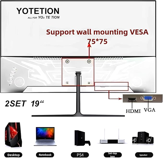 19 inch HD (1440 x 900) Monitor 2PACKS 75Hz Refresh Rate HDMI x1 Small Thin Monitor for laptops Computers and desktopsLED Display VGA/HDMI Connection.VESA:75 * 75MM