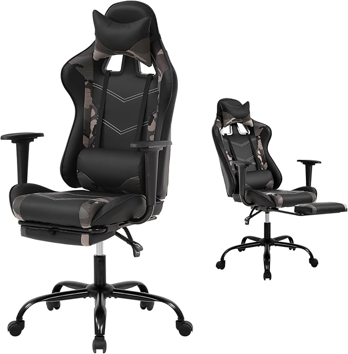 Gaming Chair with Footrest Reclining Video Game Chairs for Adults with Lumbar Support Headrest High-Back Home Office Computer Desk Chair PU Black-Camo