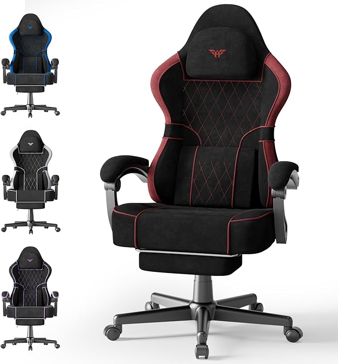 Ferghana Gaming Chair Velvet Fabric Comfortable Computer Chair with Footrest and Linkage Armrest Ergonomic High Back Game Chair with Massage Lumbar Support for Adult Black/Red