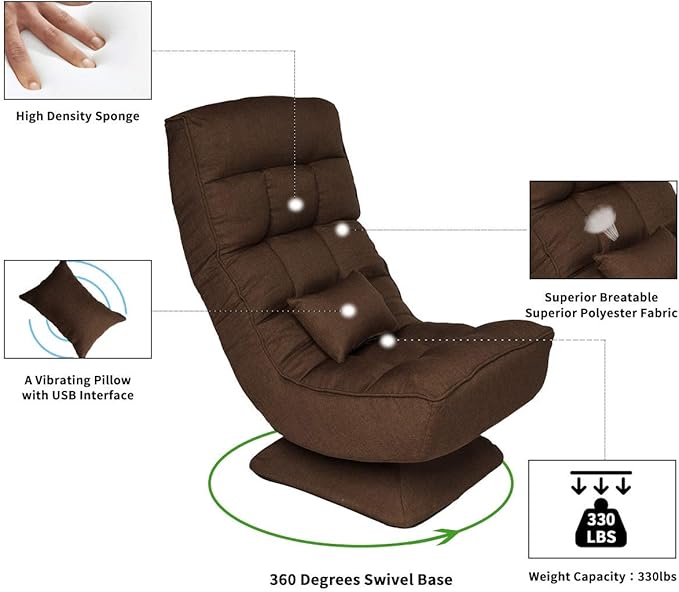 Folding 360-Degree Swivel Floor Chair4 Position Adjustable Gaming Chair Lounge Chair Desk Gamer Chair Used for TV Reading Home Office Teens Adults (Brown Color)