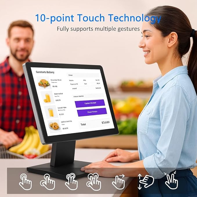 19 Inch 16:10 Touchscreen POS Monitor LED Backlit 10 Points Multi-Touch HDMI VGA 1440 x 900 True Flat Seamless Water &amp Dust Proof Front Screen for Office Retail Restaurant Bar Gym Warehou