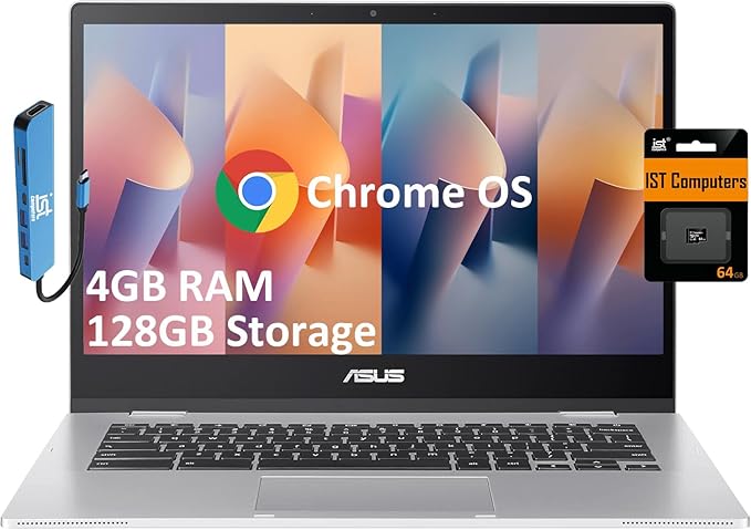 ASUS Chromebook 14 Laptop (14 FHD Anti-Glare Intel Celeron N4500 4GB RAM 128GB Storage (64GB eMMC+ 64GB IST SD Card)) Home &amp Student IST HUB 12-Hour Long Battery Life Webcam Wi-Fi Chrome