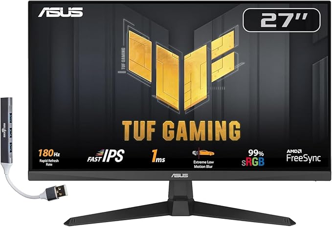 ASUS TUF Gaming 27 1080P FHD IPS Monitor with 1ms Response Time 180Hz Refresh Rate Anti Glare Flicker Free VESA Mount Built-in Speakers Displayport HDMI &amp Dockztorm USB Port Expander Blac