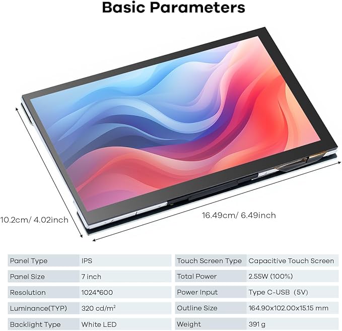 7 Inches Touchscreen IPS LCD Display Panel 1024×600 HDMI Capacitive Touch Screen for Raspberry Pi5/Pi4/Pi3/ZERO 2W BB Black Windows