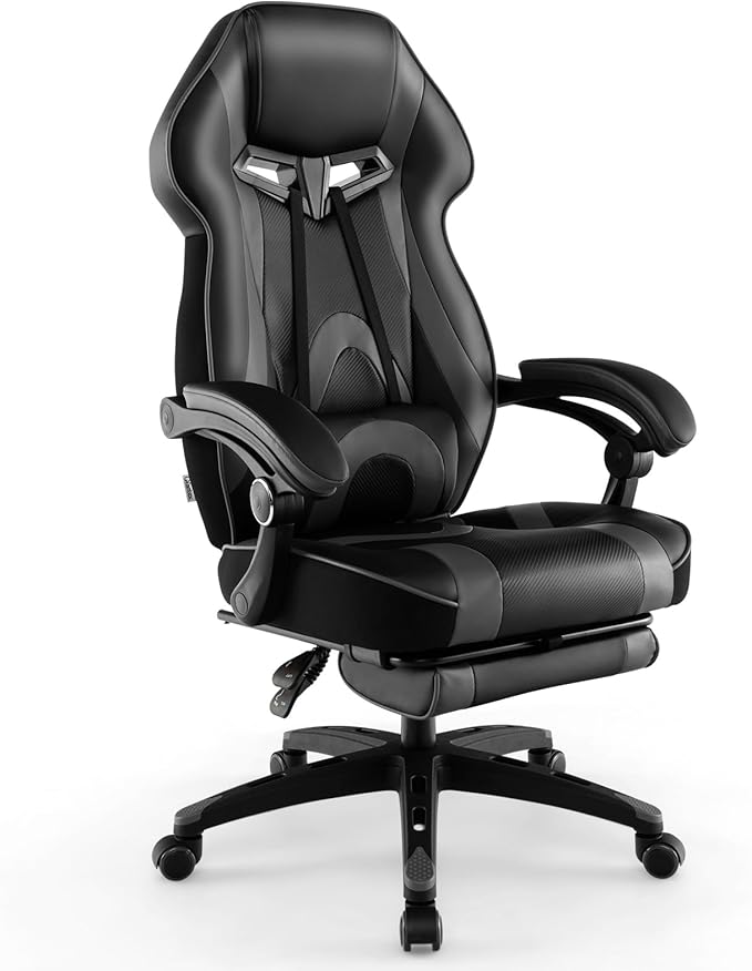 Giantex Gaming Chair with Footrest for Adults Reclining Video Game Chair w/Lumbar Support Racing Style Ergonomic Office Computer Chair Height Adjustable Swivel Gamer Chair for Gaming (Grey)
