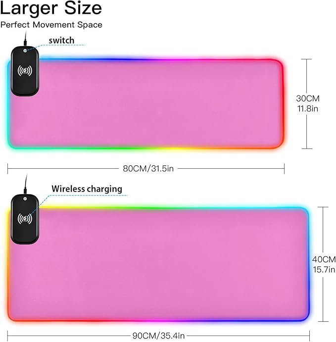 Light Mouse Pad Gaming Mousepad Non Slip Desk Mat Wireless Charging RGB Computer Mouse Pads Keyboard Pad Mats for Desktop Office Home 35.4 x 15.7 in