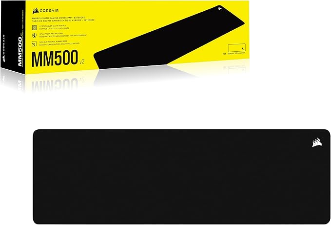 Corsair MM500 v2 Hybrid Cloth Gaming Extended Mouse Pad – 93cm x 30cm – Spill-Proof Coating – Anti-Fray Stitched Edges – Non-Slip Rubber Base – Black