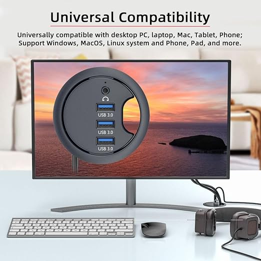ChenYang USB 3.0 Flush Mount Desktop HUB3 USB 3.0 Port HUB Grommet Hole 2.36(60mm) with 3.5mm Audio Port