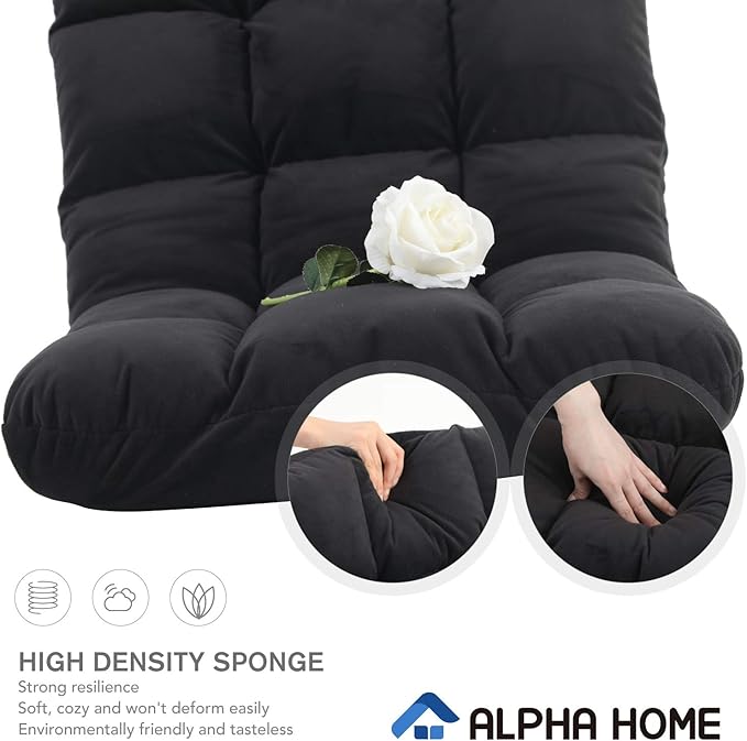 ALPHA HOME Adjustable Floor Chair with Backrest &amp Cushion Dorm Rocker 4 Positions Video Gaming Chair Folding Lazy Sofa Recliner Living Room Seating Lounge Chair for Reading Watching TVBalck